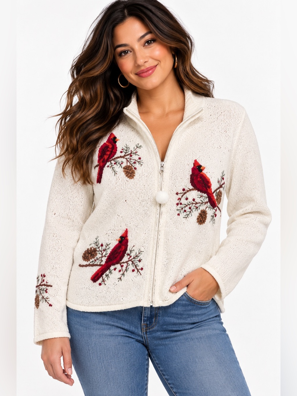Tiara International Christmas Cardinal Zip Up Sweater Cream Sequin Beaded Medium